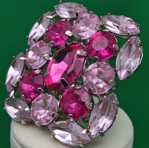 Pink Rose Raspberry Rhinestones Brooch Large Square Pin - Picture 3 of 8